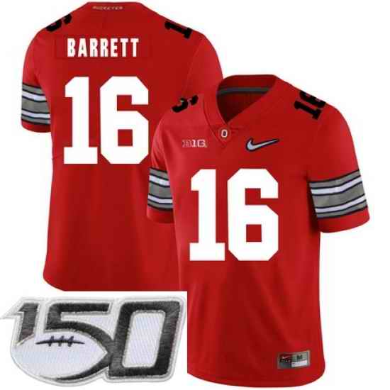 Ohio State Buckeyes 16 J.T. Barrett Red Diamond Nike Logo College Football Stitched 150th Anniversary Patch Jersey